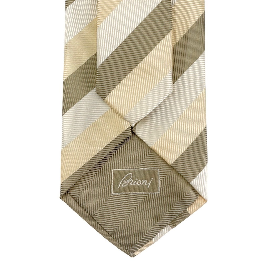 Brioni Men's 100% Silk‎ Tie Handmade in Italy Olive Beige Diagonal Stripe Luxury